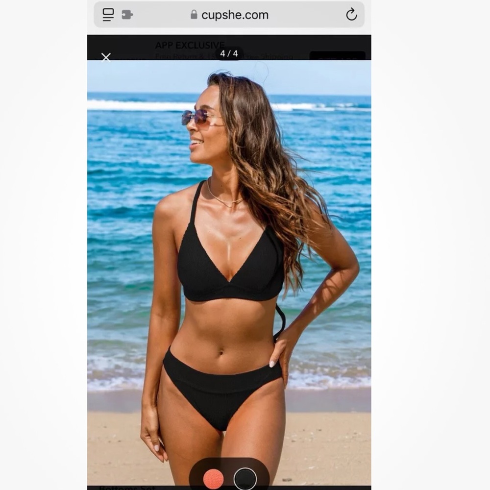 Cupshe Black Ribbed Plunging Bikini Bralette & Low-Rise Bottoms Set